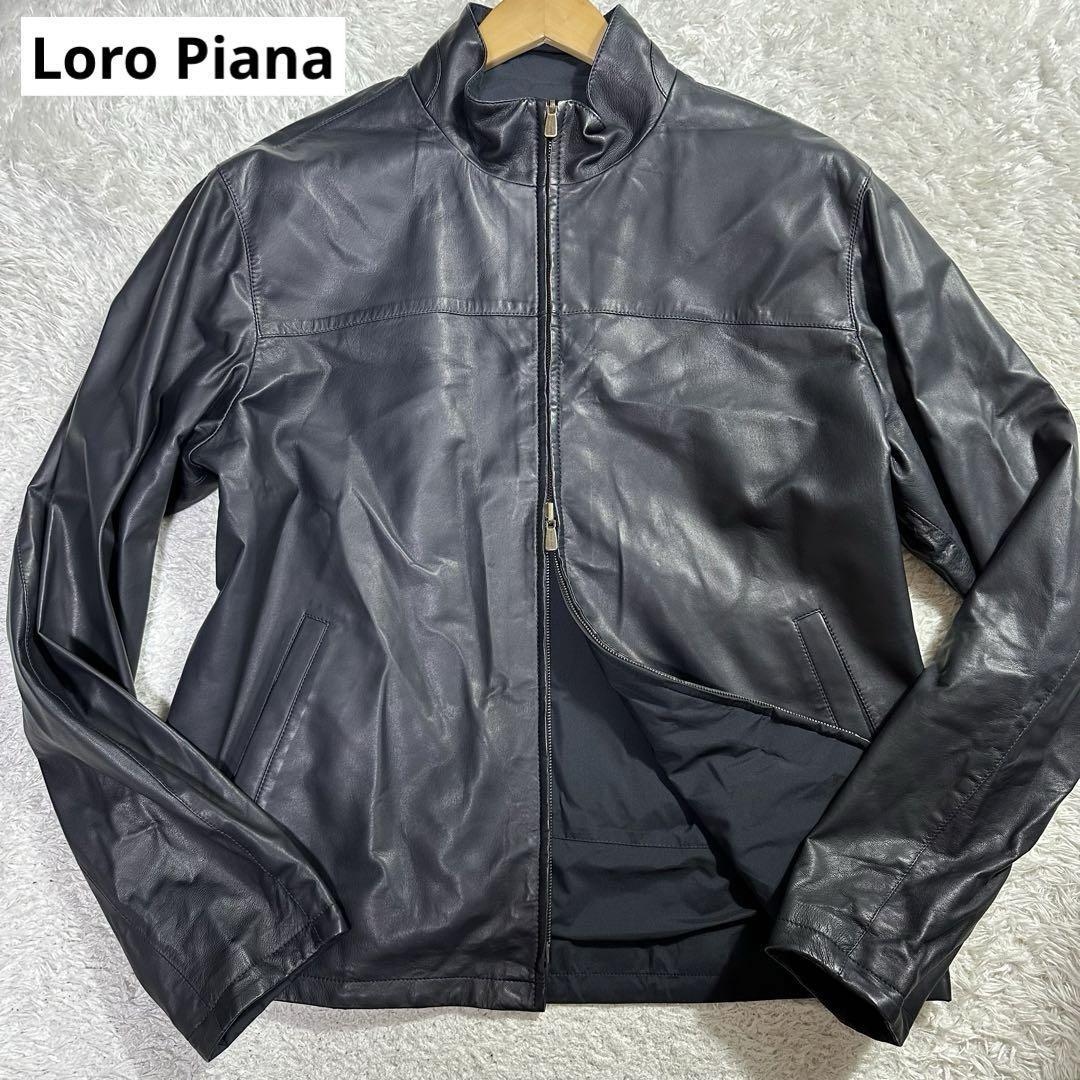 極美品/XXL Loro Piana ロロピアーナ シングルライダースジャケット ラムレザー 羊革 リバーシブル 2way ダブルジップアップ ネイビー_画像1