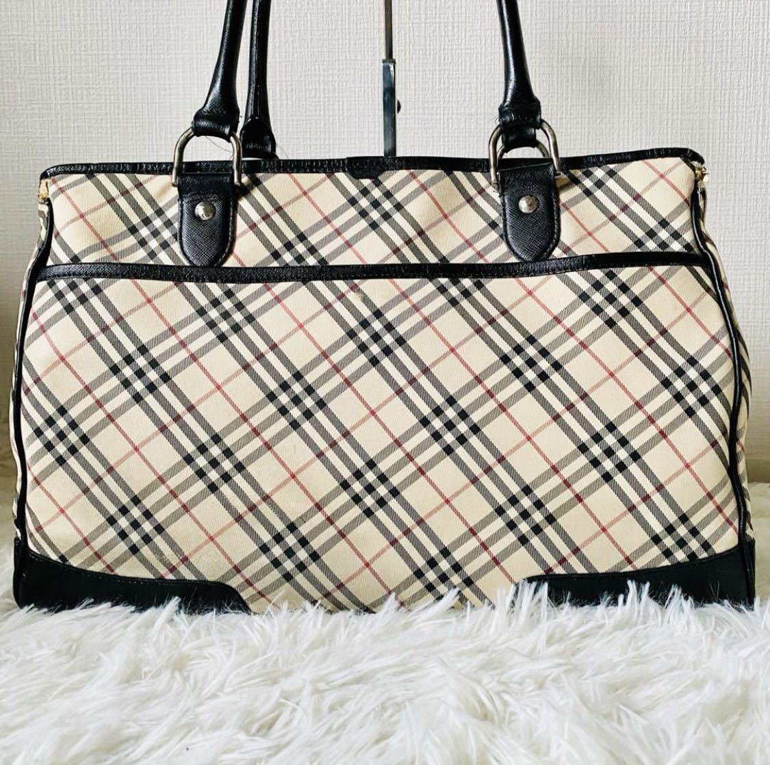 1円【バーバリー Burberry】ハンドバッグ トートバッグ ビジネスバッグ ノバチェック エンボス レザー キャンバス 男女兼用 ベージュ 黒_画像2