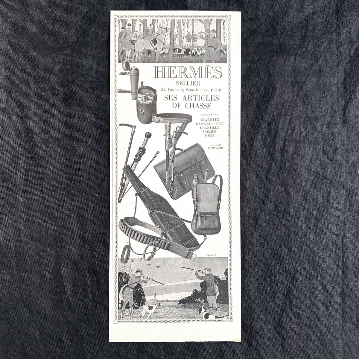 フランス 1929年 HERMES エルメス 狩猟 ハンティング 馬 馬具 トランク ポーチ バッグ 旅行 バッグ 鞄 ポスター 雑誌 広告 アンティーク