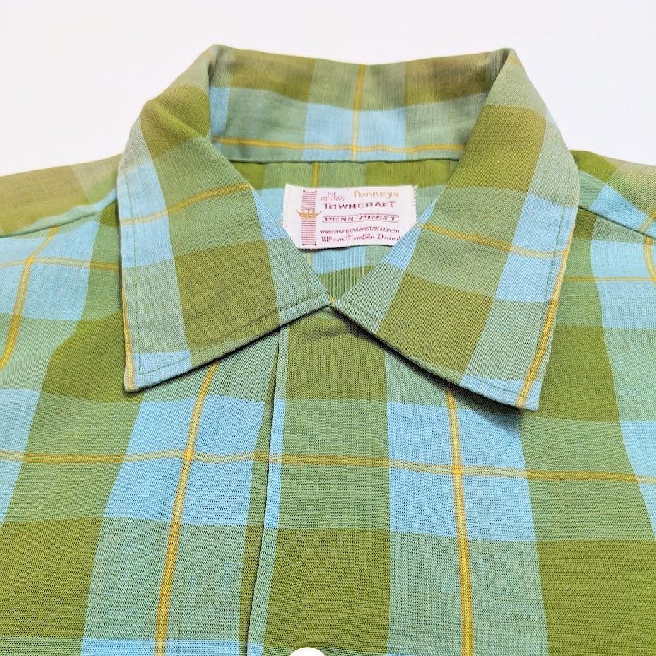 60s〜70s ヴィンテージ TOWN CRAFT タウンクラフト 開襟シャツ 半袖シャツ チェック グリーン 15.5_画像4