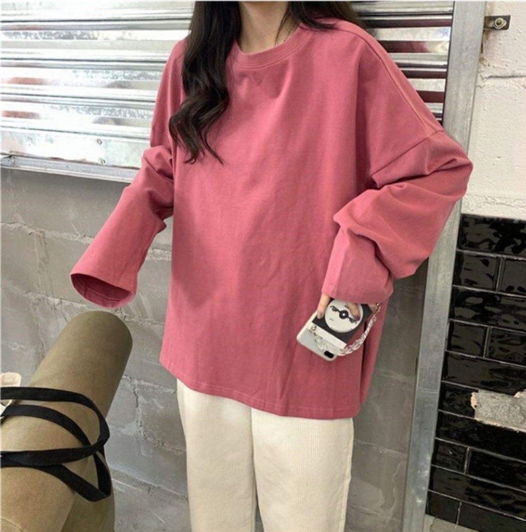 ロンT 長袖 Tシャツ カットソー スリット 大きいサイズ ゆったり 大人可愛い　ピンク　L　オーバーサイズ　体型カバー