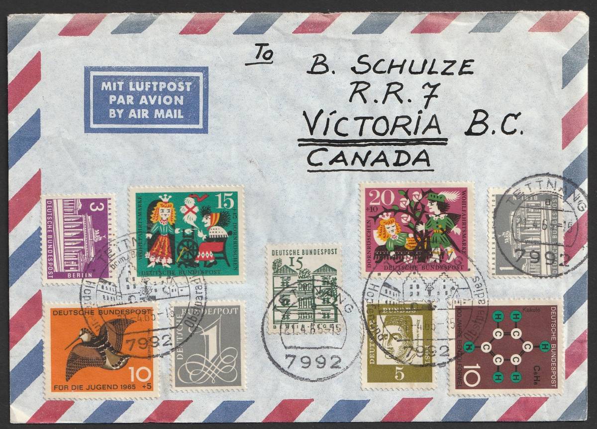 ドイツ1965年　童話切手他9種貼り　カナダ宛カバー_画像1