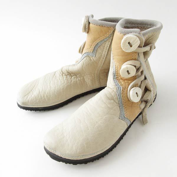 美品 一点物 ハンドメイド 本革 モカシン ブーツ クリーム系 レディース24cm インディアン ヒッピーブーツ 靴 d118-32-0185ZT