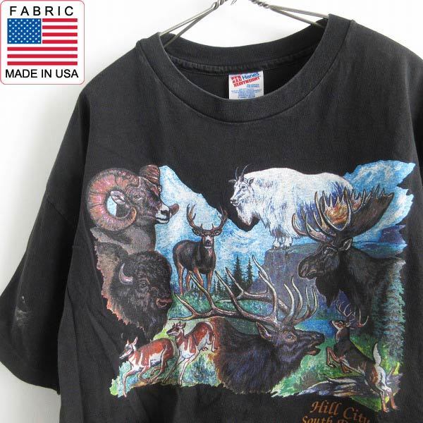 レア 希少 アニマル プリント 半袖Tシャツ 黒 XL ブラック 動物プリント Hanes ヘインズ ヘビーウェイト d143-01-0062ZVW