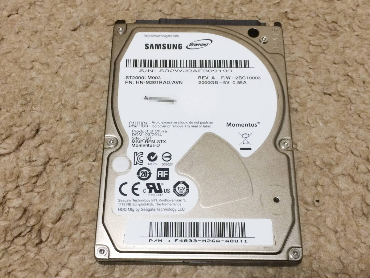 [正常/使用12841H]] SAMSUNG Seagate / ST2000LM003 (HN-M201RAD/AVN) 2TB 5400RPM 9.5mm / 2.5'' HDD Momentus SATA サムスン シーゲイト_画像1