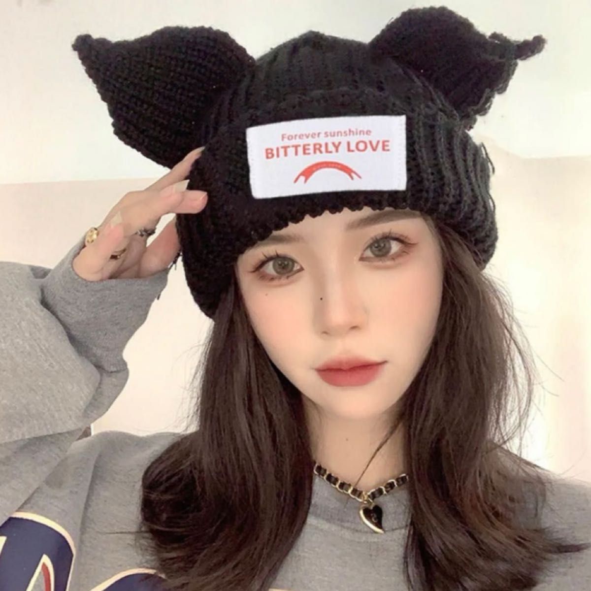 新品 LOVERBOY風 ラバーボーイ ビーニー ニット帽 ブラック ネコ 新品 LOVERBOY風 ラバーボーイ ビーニー ニット帽 ブラック ネコ