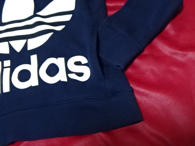 ★adidas trefoil hoodie　アディダス パーカ スウェットトレーナー 紺　ネイビー　S　パキスタン製　良品　旧ロゴ白　レディース_画像2