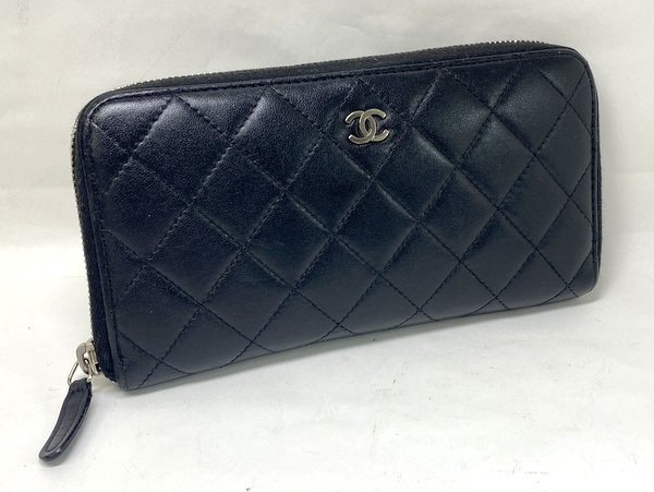 【即決】CHANEL シャネル ココマーク マトラッセ ラウンドファスナー 長財布 ラムスキン ブラック ボルドー シルバー金具