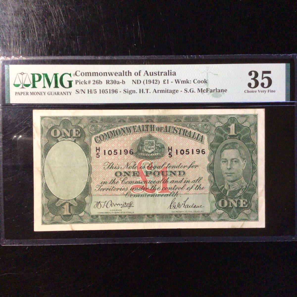 World Banknote Grading AUSTRALIA《Commonwealth of Australia》1 Pound【1942】『PMG Grading Choice Very Fine 35』