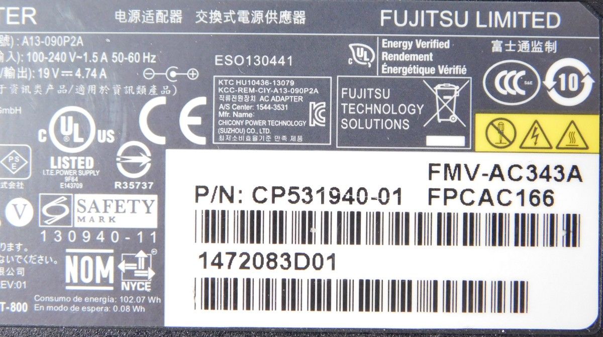 【管理No:F-03】◆富士通◆ACアダプター1個◆型番:A13-090P2A◆19V～4.74A◆ノートパソコン用電源コード