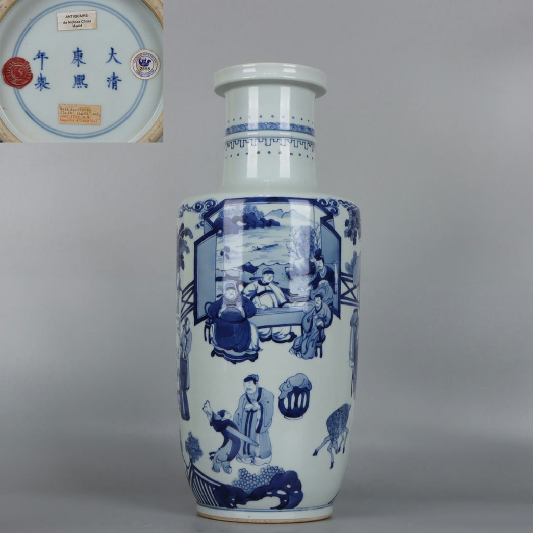 ◆羽彰・古美術◆A8678清康熙 青花人物棒槌瓶・古陶磁器 ・珍品旧蔵・古賞物・時代物