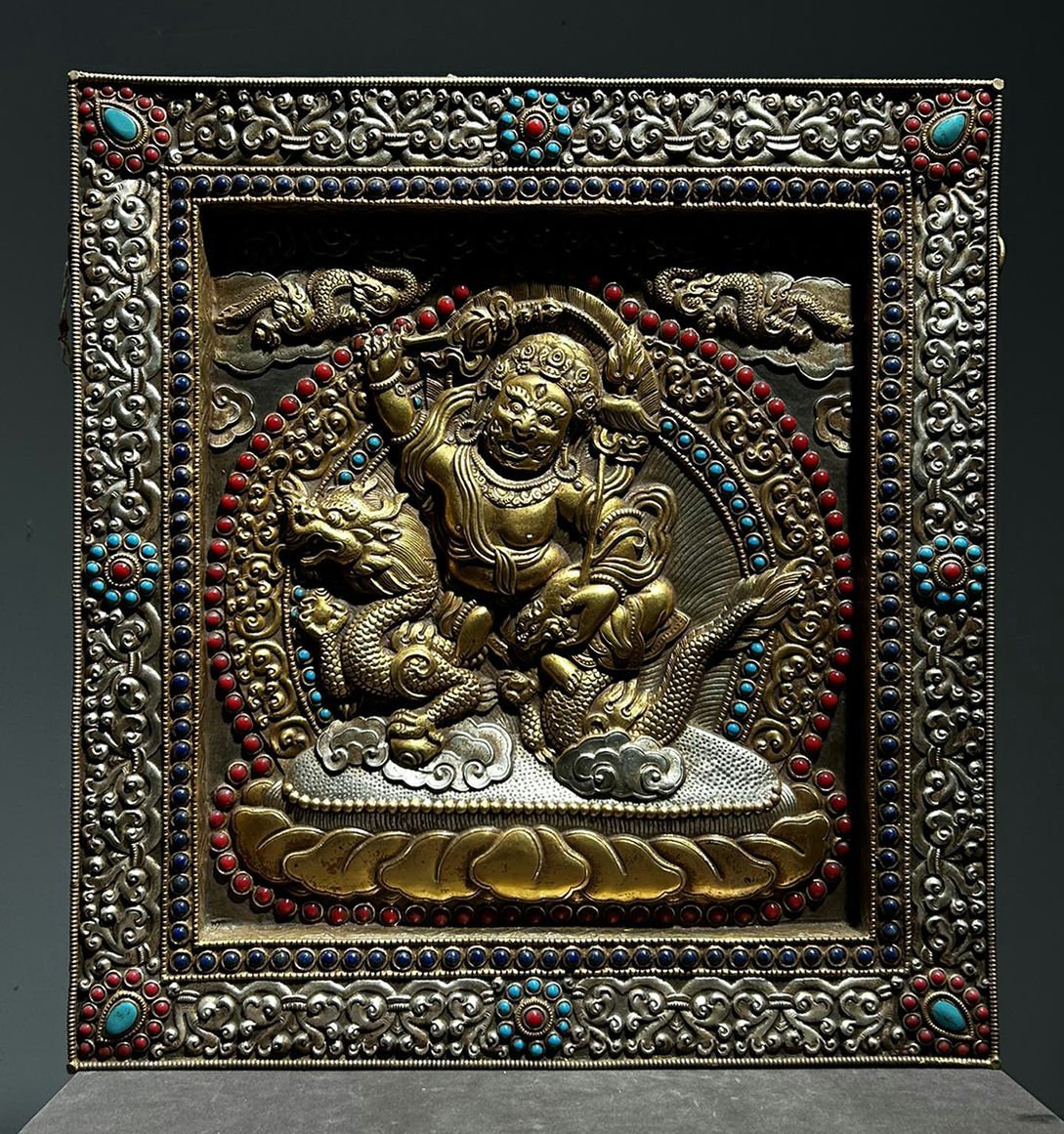 ◆羽彰・古美術◆A7910 清時代 仏教古美術 チベット密教 宝石象嵌 銀塗金 仏像タンカ 細密造 寺院収蔵品