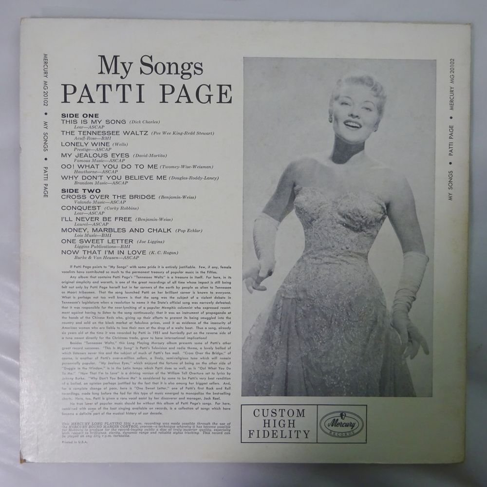 14029346;【US盤/Mercury/黒銀ラベル/MONO/深溝】Patti Page / My Songs_画像2