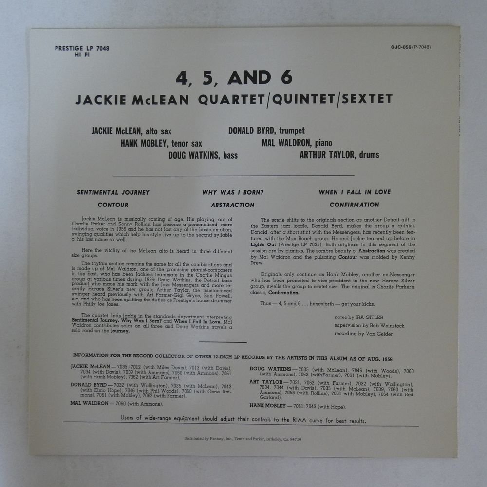 46061787;【US盤/OJC Prestige】Jackie McLean / 4, 5 And 6_画像2