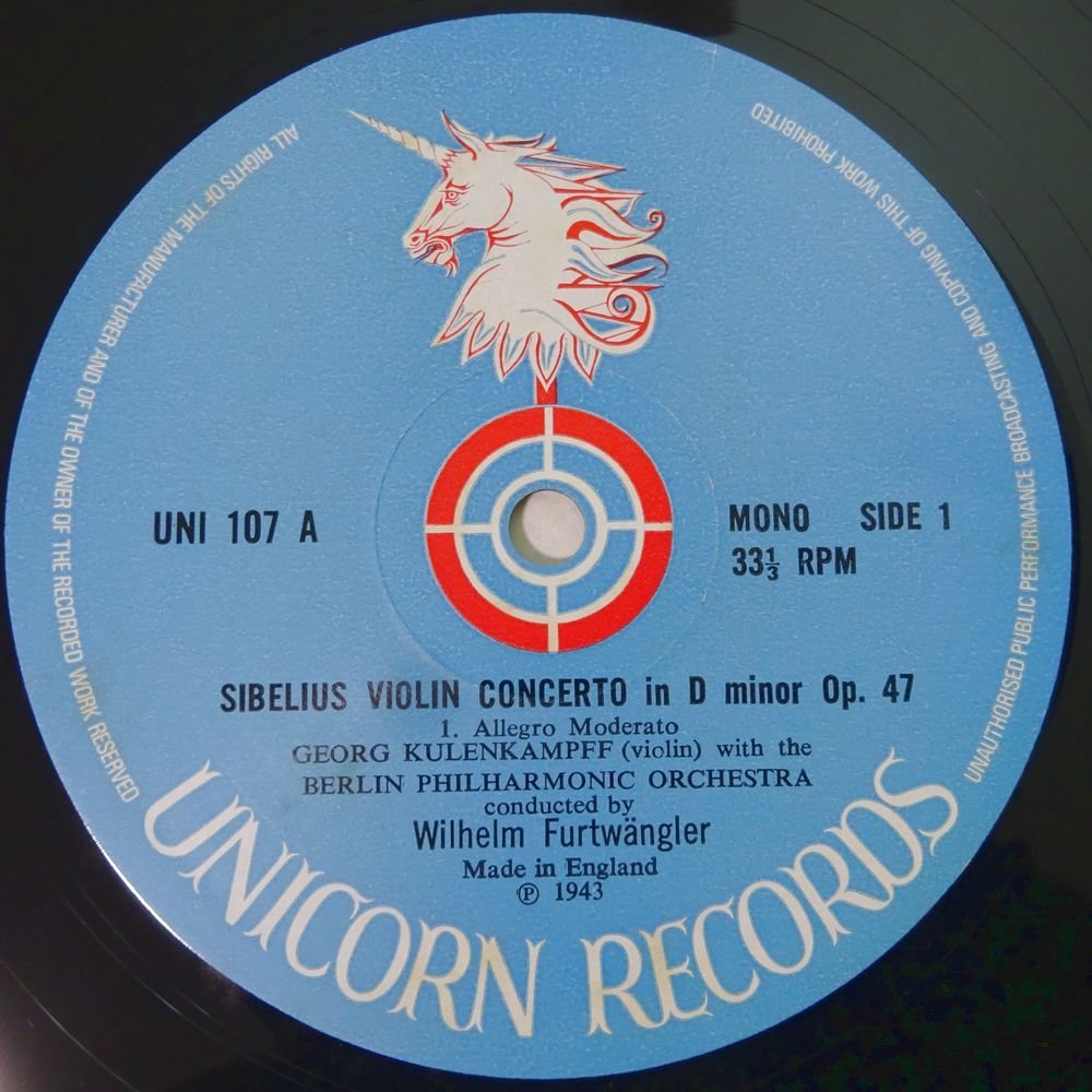 19058819;【英UNICORN】クーレンカンプ/フルトヴェングラー シベリウス/ヴァイオリン協奏曲 1943年録音_画像3