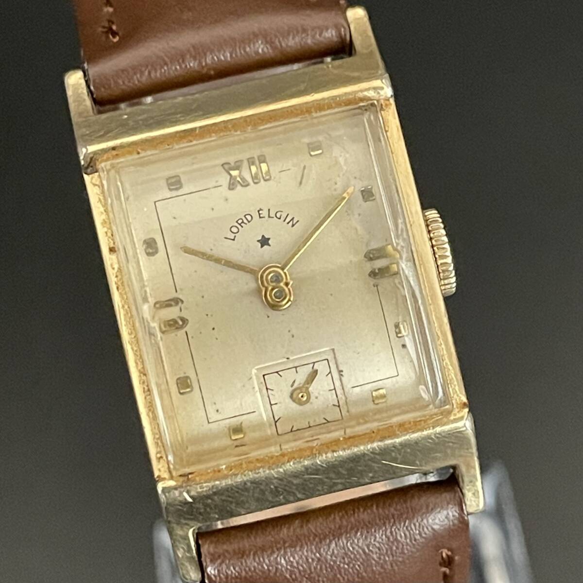【超貴重】ロードエルジン/LORD ELGIN/14KGF/金張/1950’s/アンティーク/スクエア/手巻き/ユニセックス腕時計/動作良好/男女兼用