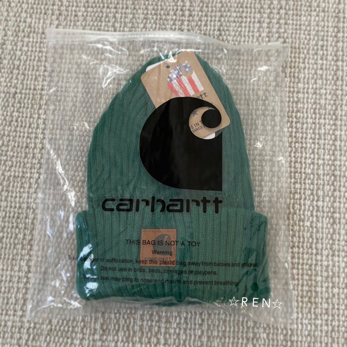 新品未使用　SALE　ラスト１点早いもの勝ち　Carhartt   パッチロゴ　リブニットキャップ  ニット帽  グリーン