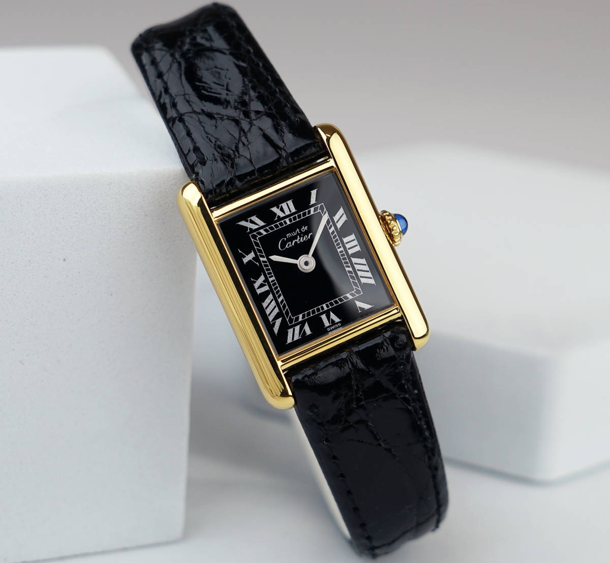 美品 カルティエ マスト タンク ブラック ローマン 手巻き SM Cartier_画像2