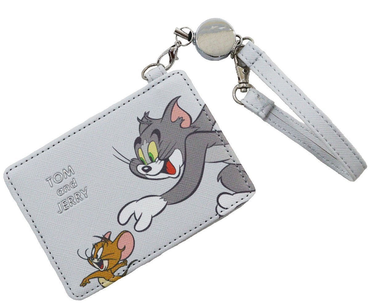 トムとジェリー パスケース 定期入れ カードケース リール付ストラップ TOM&JERRY★グレー新品【ネコポス発送（全国一律 220円 税込）】_画像1