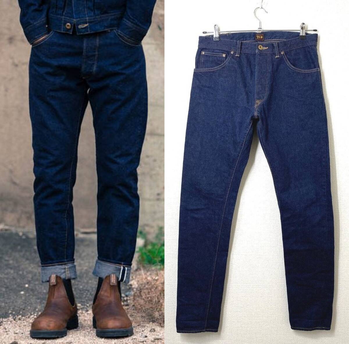 【w32】TCB jeans SLIM CATBOY セルビッチ スリムデニムパンツ インディゴ キャットボーイ ヘアオンハイド ティーシービージーンズ ハラコ_画像1