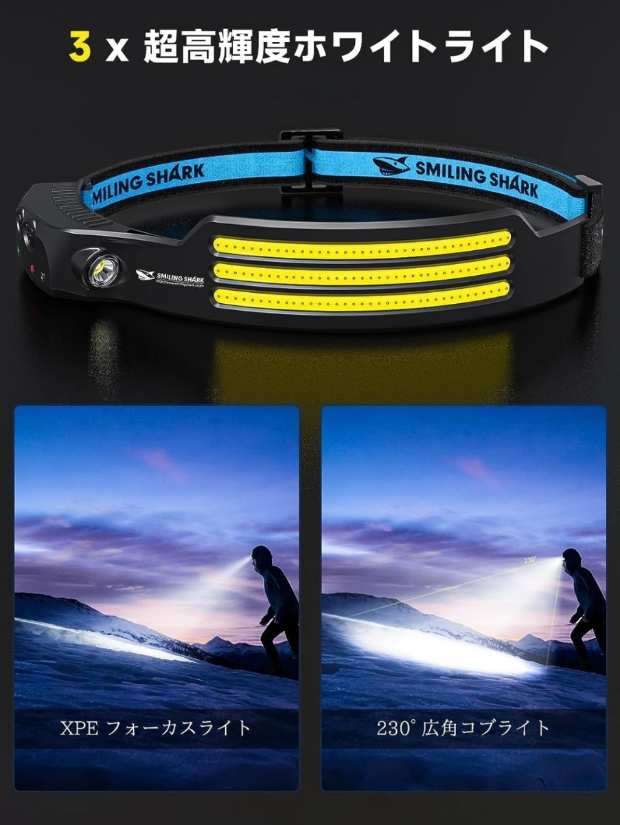 Smiling Shark 充電式 LED ヘッドライト USB充電可能 3 倍高輝度アウトドアヘッドランプ 230°広角照明 IPX4 防水防塵 8時間連続使用可能_画像2