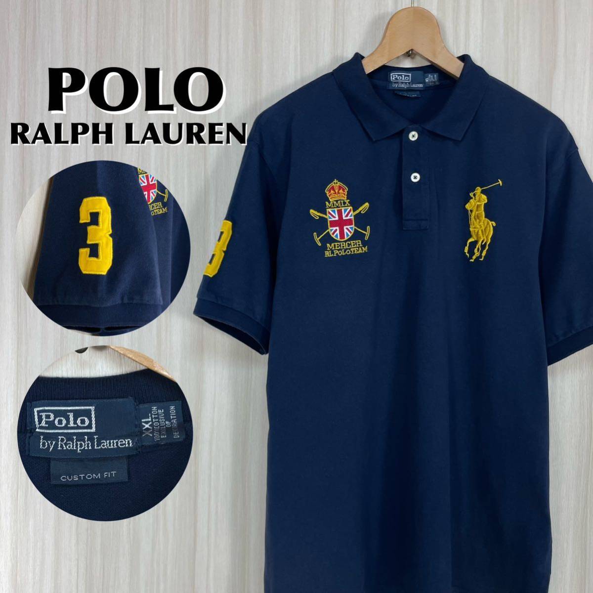 【希少】【XXL表記】【90s】POLO ポロバイラルフ 刺繍ロゴ ビッグポニー ナンバリング ロゴボタン 半袖ポロ 濃紺 ネイビー アメカジ 古着