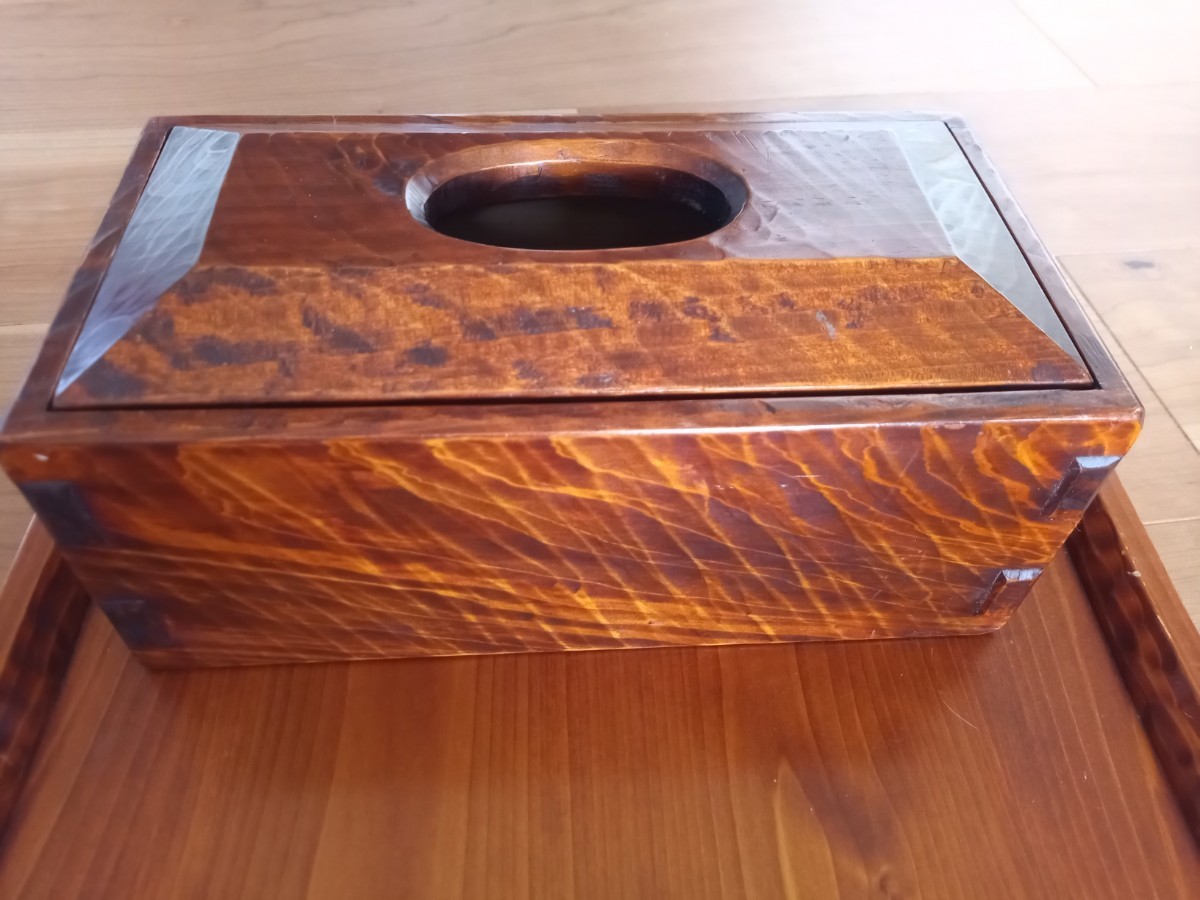 矢澤金太郎　指物　木製ティッシュボックス　木箱　拭き漆　状態良好　イニシャル刻あり　指物工房　送料無料