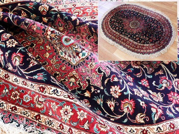 魁◆本物保証 高級ペルシャ絨毯 クム産 シルク100％ 手織り100万ノット オーバル 118×82㎝ メダリオン_画像1