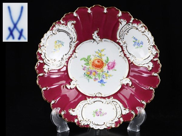 魁◆本物保証 Meissen マイセン Bフォーム 五つ花 プレート 飾皿 直径24㎝ レッド 美品_画像1