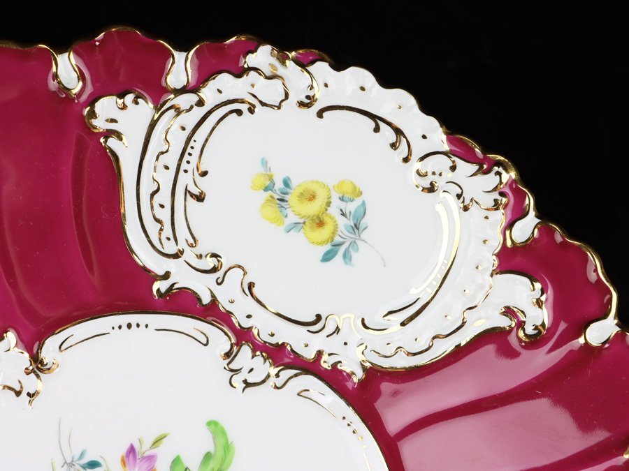 魁◆本物保証 Meissen マイセン Bフォーム 五つ花 プレート 飾皿 直径24㎝ レッド 美品_画像3