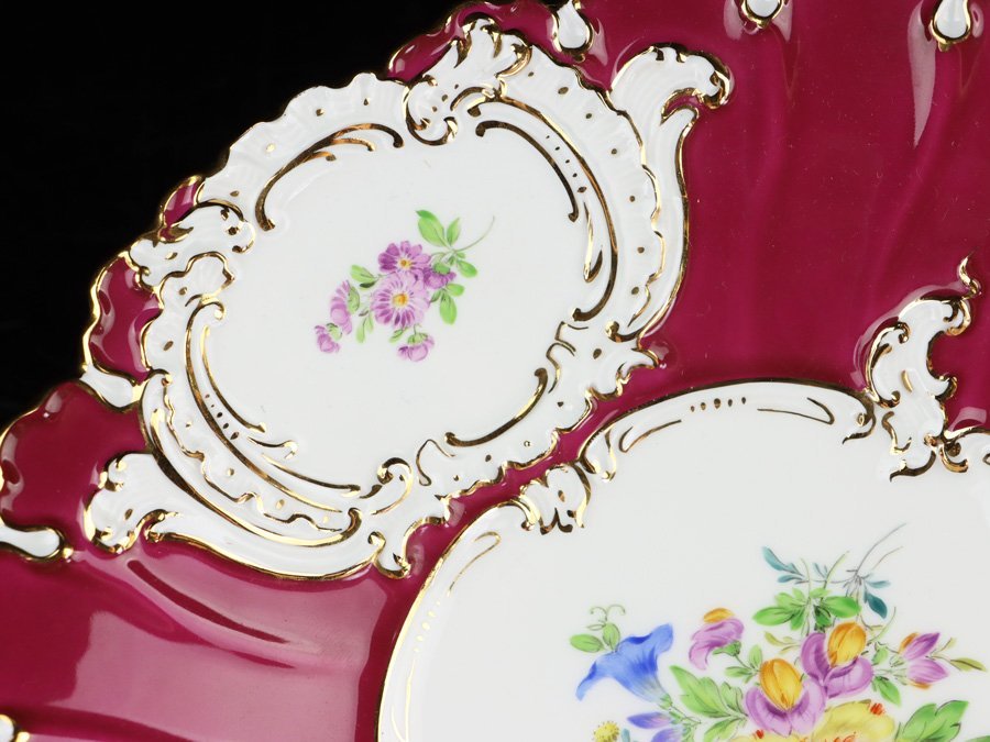 魁◆本物保証 Meissen マイセン Bフォーム 五つ花 プレート 飾皿 直径24㎝ レッド 美品_画像4
