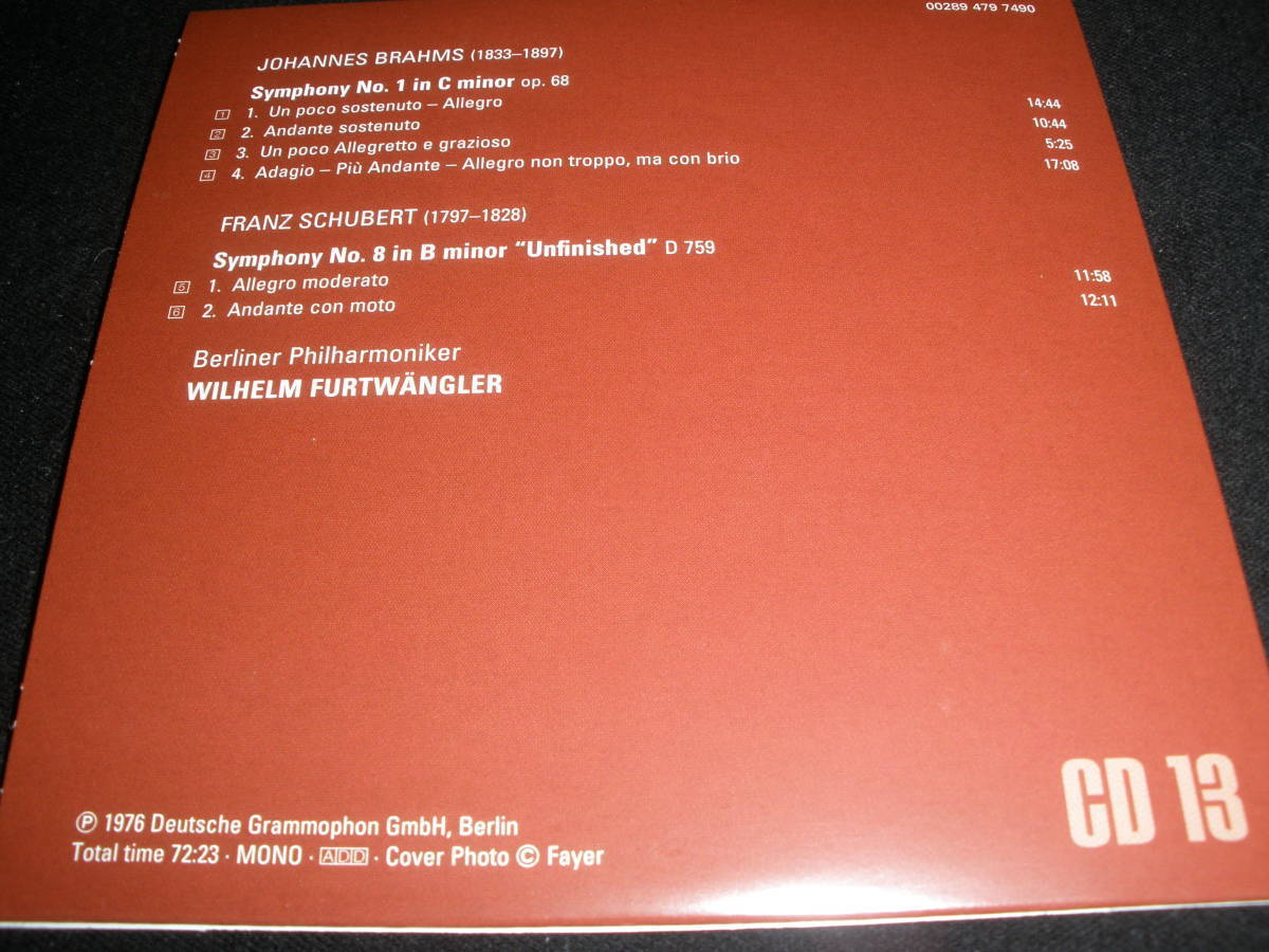 フルトヴェングラー ブラームス 交響曲 第1番 シューベルト 8番 未完成 ベルリン・フィルハーモニー管弦楽団 1952 DG 紙ジャケ 美品の画像2