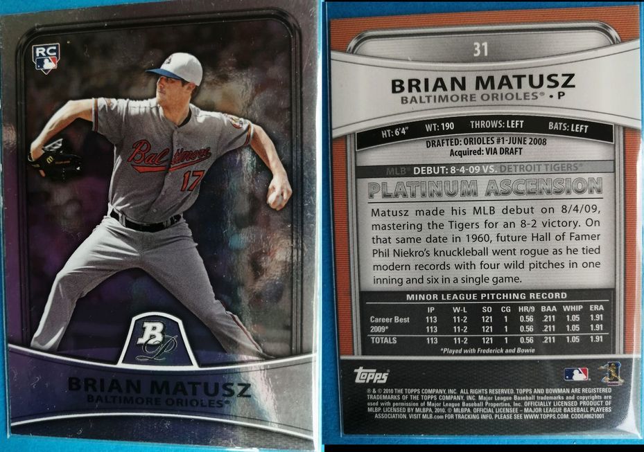 8枚セット Brian Matusz BAL 2008 Razor Letterman RC Patch Letter,UD USA Auto Jersey /195 + Bowman RC など Rookie Card 直筆サイン_画像8