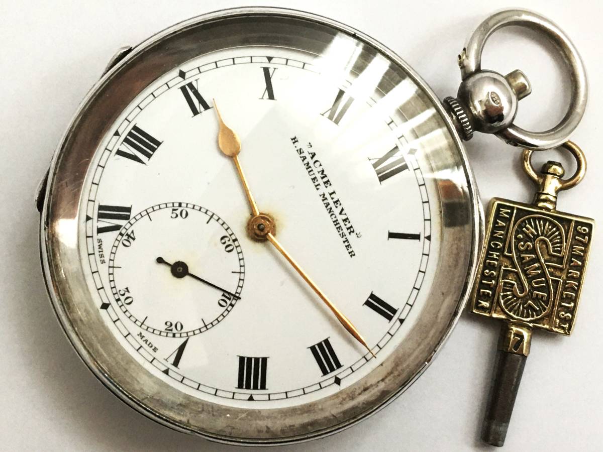 1924年製◆英国ロンドン H.SAMUEL MANCHESTER 銀無垢STERLING 鍵巻き イギリス懐中時計◆_画像1
