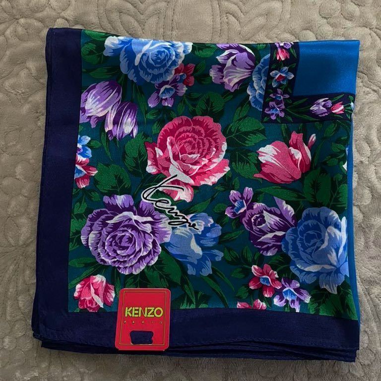 未使用タグ付きKENZO 花柄　スカーフ　シルク100% 紺　紫　青　赤　ピンク　緑　大判　絹　ケンゾー_画像9