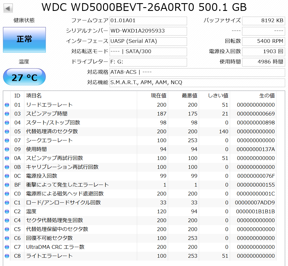 【送料無料】 USB3.0 外付けHDD WD 500GB 使用時間 4986時間 正常動作 新品ケース フォーマット済:NTFS /93_当機のCrystalDiskInfoによる検査結果です