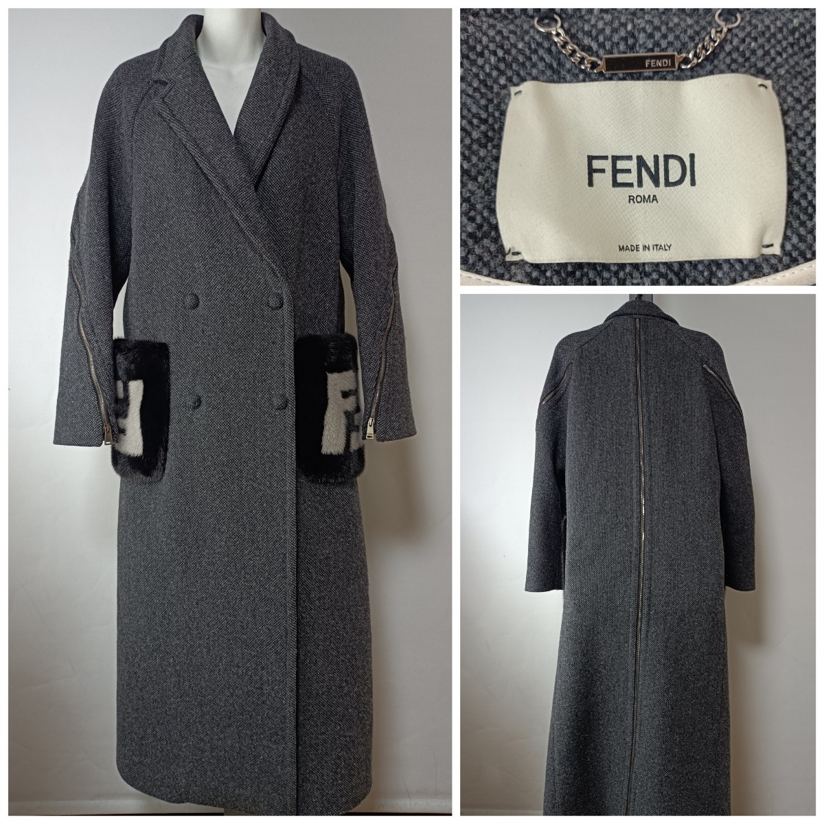 超熱 ポケットファー ロングコート FENDI ウール グレー ダブル チェスターコート フェンディ ミンクファー アウター 菜々緒着用モデル FF柄 コート