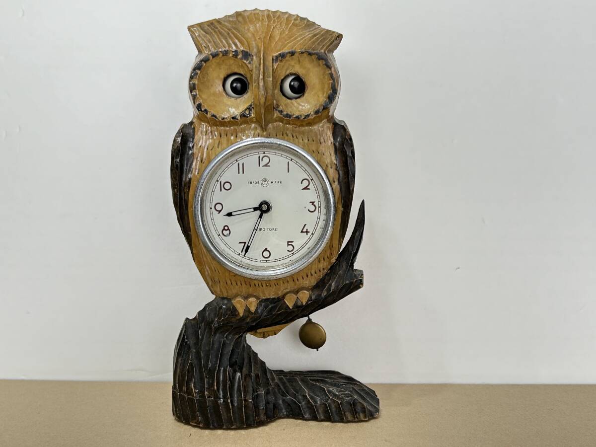 【動作良好】 ビンテージ MEIKO社製 置き時計 目玉時計 フクロウ 梟 ふくろう からくり時計