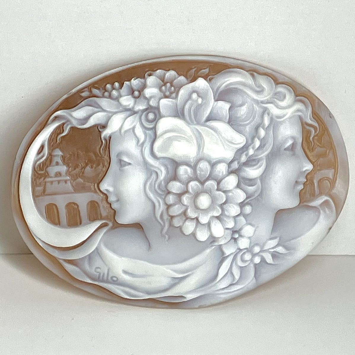 ●シェルカメオ13.6g●j 48ct 69.8×52.2mm 貴婦人 CAMEO 花 アンティーク stone 繊細 ルース 宝石 物 _画像1