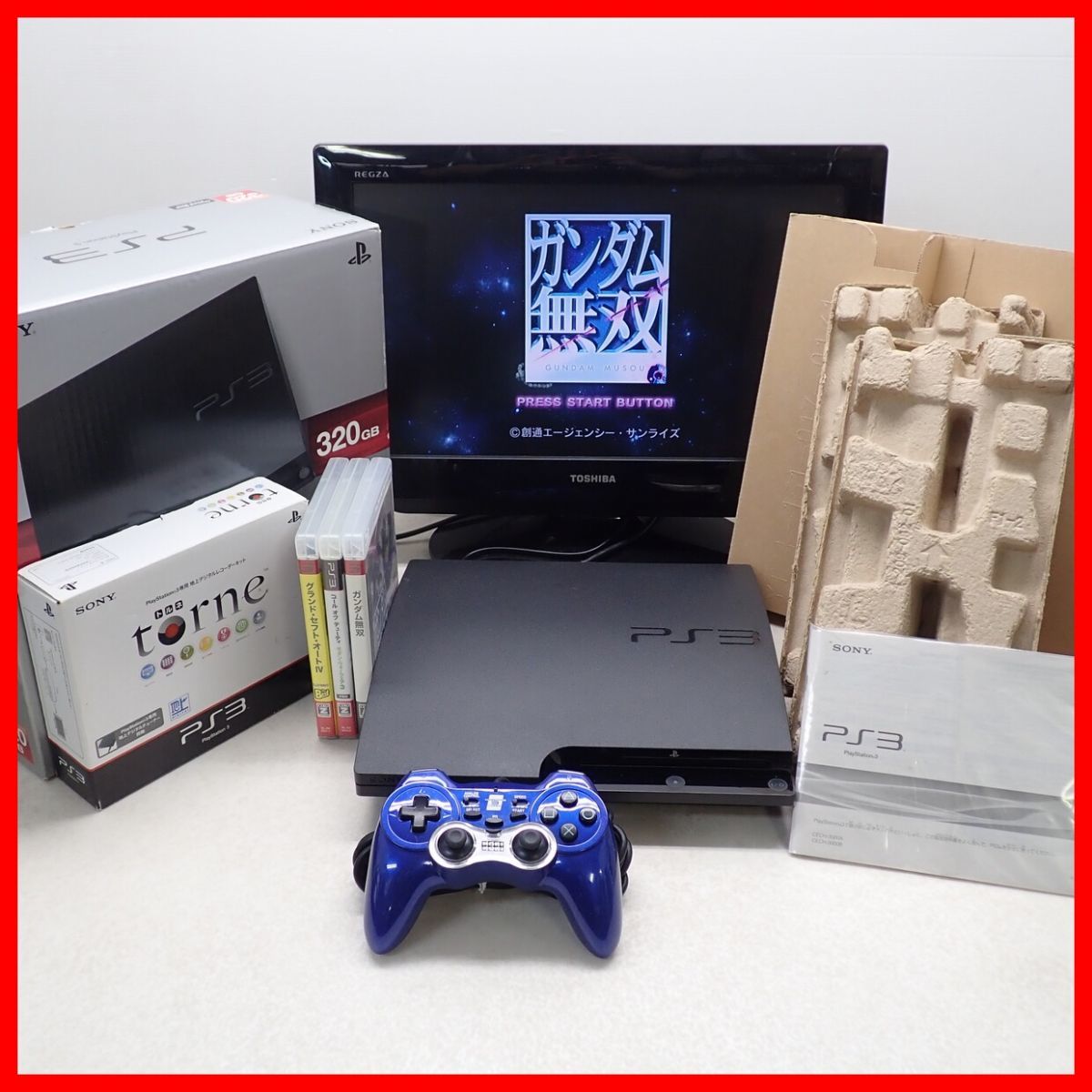 動作品 PS3 プレステ3 本体 CECH-3000B 320GB + torne(トルネ) + ガンダム無双 等 ソフト3本 まとめてセット SONY ソニー 箱説付【20_画像1