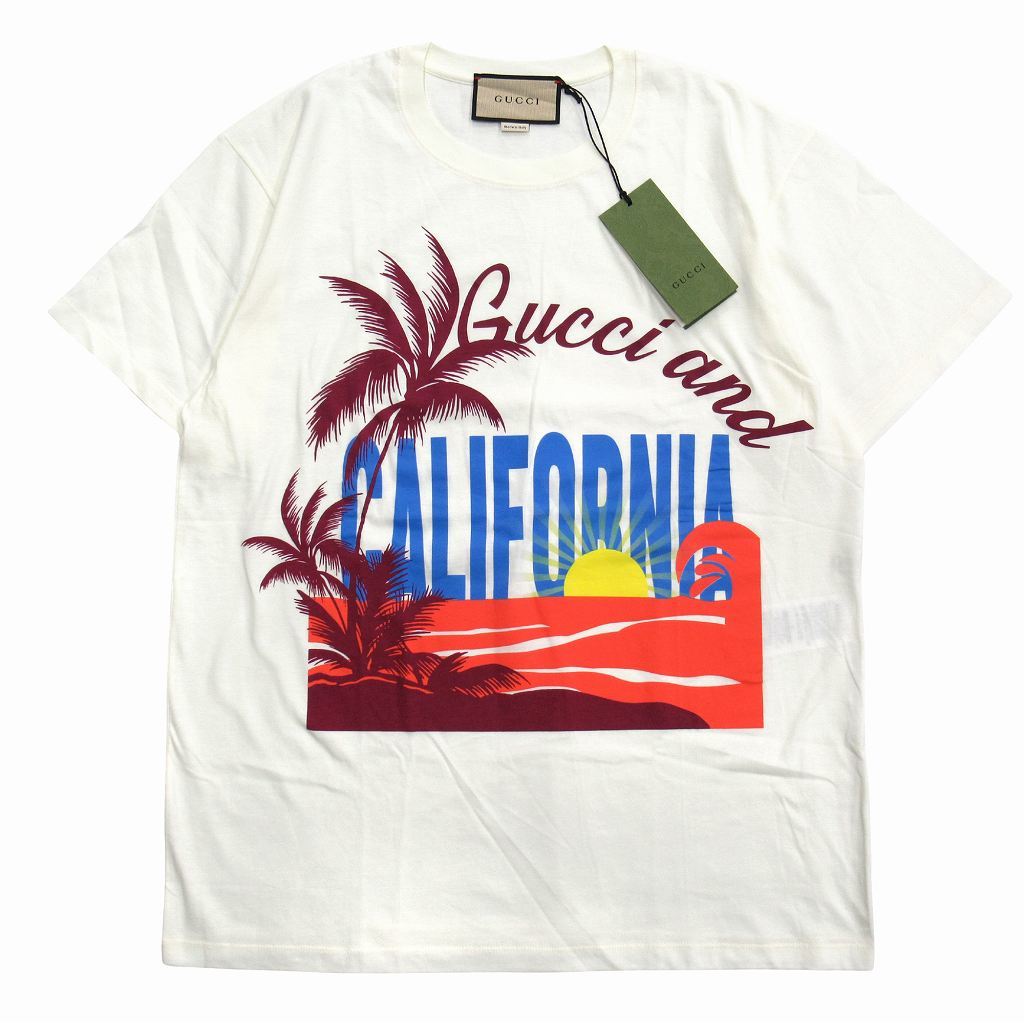 未使用品 グッチ GUCCI ロゴ Tシャツ カットソー Gucci and CALIFORNIA プリント オーバーサイズ 615044 M 白 メンズ ▼２