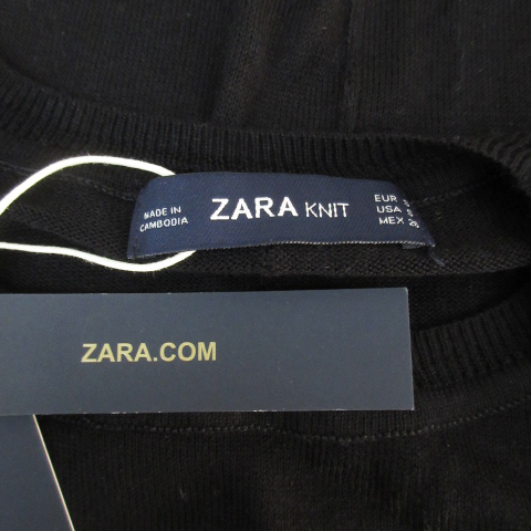 未使用品 ザラ ZARA ニット カットソー 長袖 ラウンドネック サイドスリット 無地 S 黒 ブラック /FF36 レディース_画像6