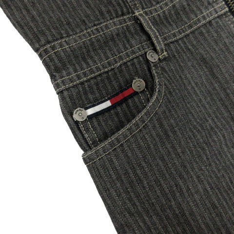 トミージーンズ Tommy jeans ワンピース デニム 半袖 ひざ丈 ロゴワッペン ジップアップ ヘリンボーン コットン グレー オフ白 S_画像6