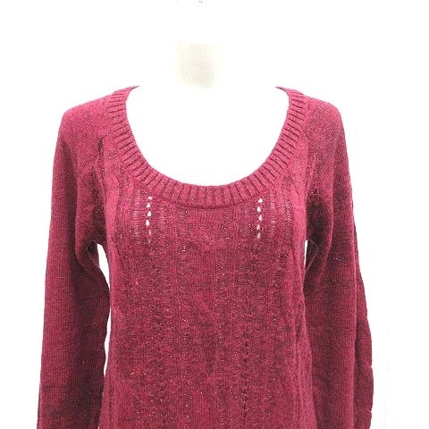  Tornado Mart TORNADO MART cable knitted sweater long sleeve tunic height U neck lame red wine red /CT lady's 