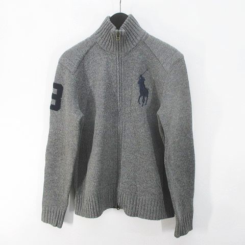 ポロ ラルフローレン POLO RALPH LAUREN 長袖 ジップアップ カーディガン ニット XS/TP 灰系 グレー ビッグポニー 刺繍 ステッチ ポケット_画像1