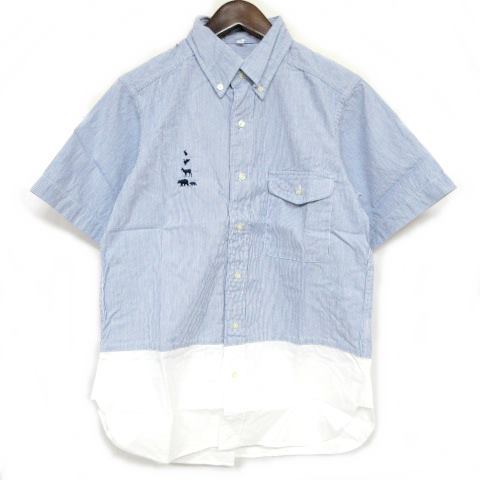 未使用品 マウンテンリサーチ Mountain Research BDシャツ 半袖 ブレーメン 刺繍 MTR-1213 ピンストライプ コットン S 青 ブルー 白 ホワイ