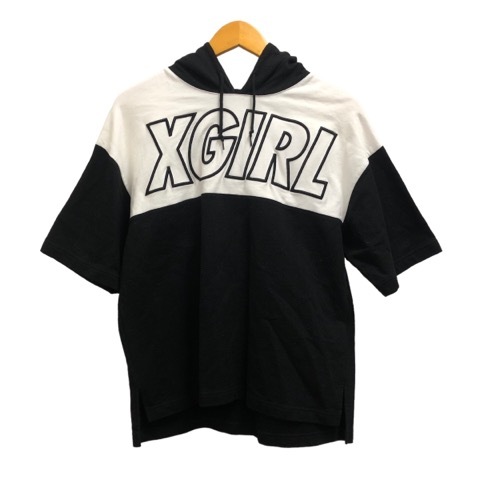 エックスガール x-girl トレーナー 半袖 ロゴ刺繍 フード コットン 1 黒 ブラック 白 ホワイト レディース_画像1