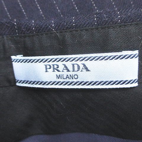 プラダ PRADA 膝下 膝丈 台形 ラップ 巻きスカート スカート 38S ネイビー 紺系 ストライプ柄 ボタン 毛 ウール 裏地 国内正規 レディース_画像3