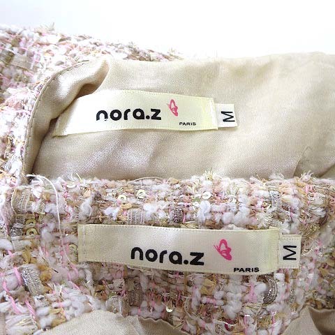 nora.z スカートスーツ 上下 セットアップ ツイード 半袖 プルオーバー ジャケット スカート M ピンク ベージュ ラメ レディース_画像6