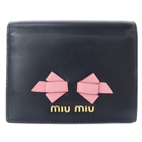 ミュウミュウ miumiu リボン 二つ折り財布 レザー ロゴ 黒 ブラック ピンク /SR22 ■OH レディース_画像1